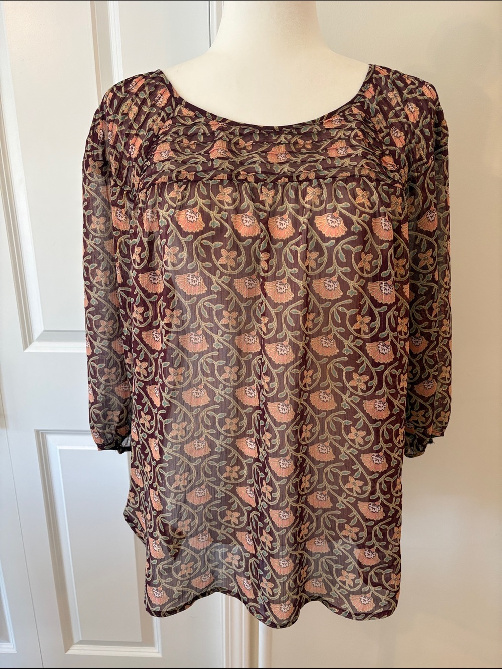 LC Lauren Conrad Sheer Brown Peasant Blouse Featuring Pink&Green Floral Print Lg